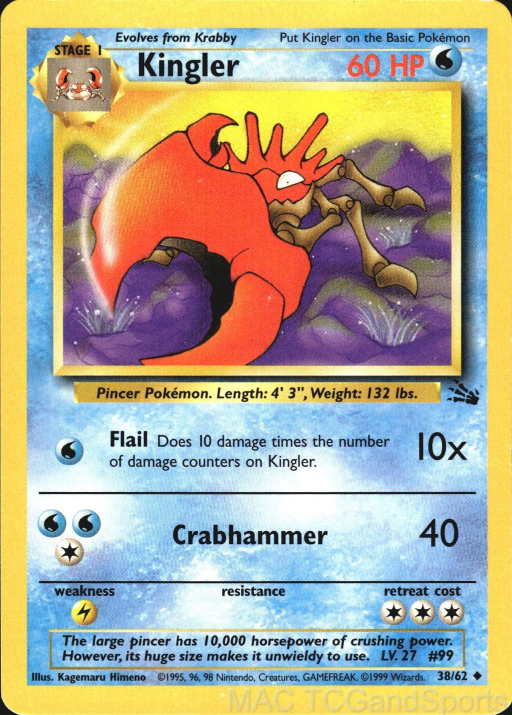 Kingler 38/62 Unlimited Fossil Pokemon TCG LP