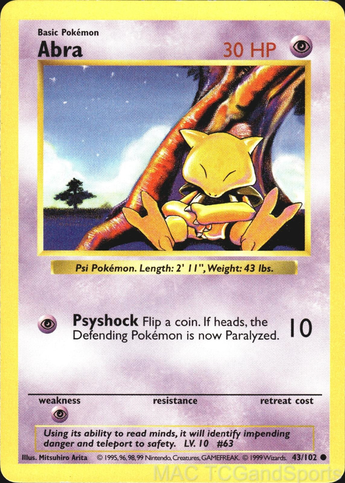 Abra 43/102 Unlimited Base Set Shadowless Pokemon TCG LP