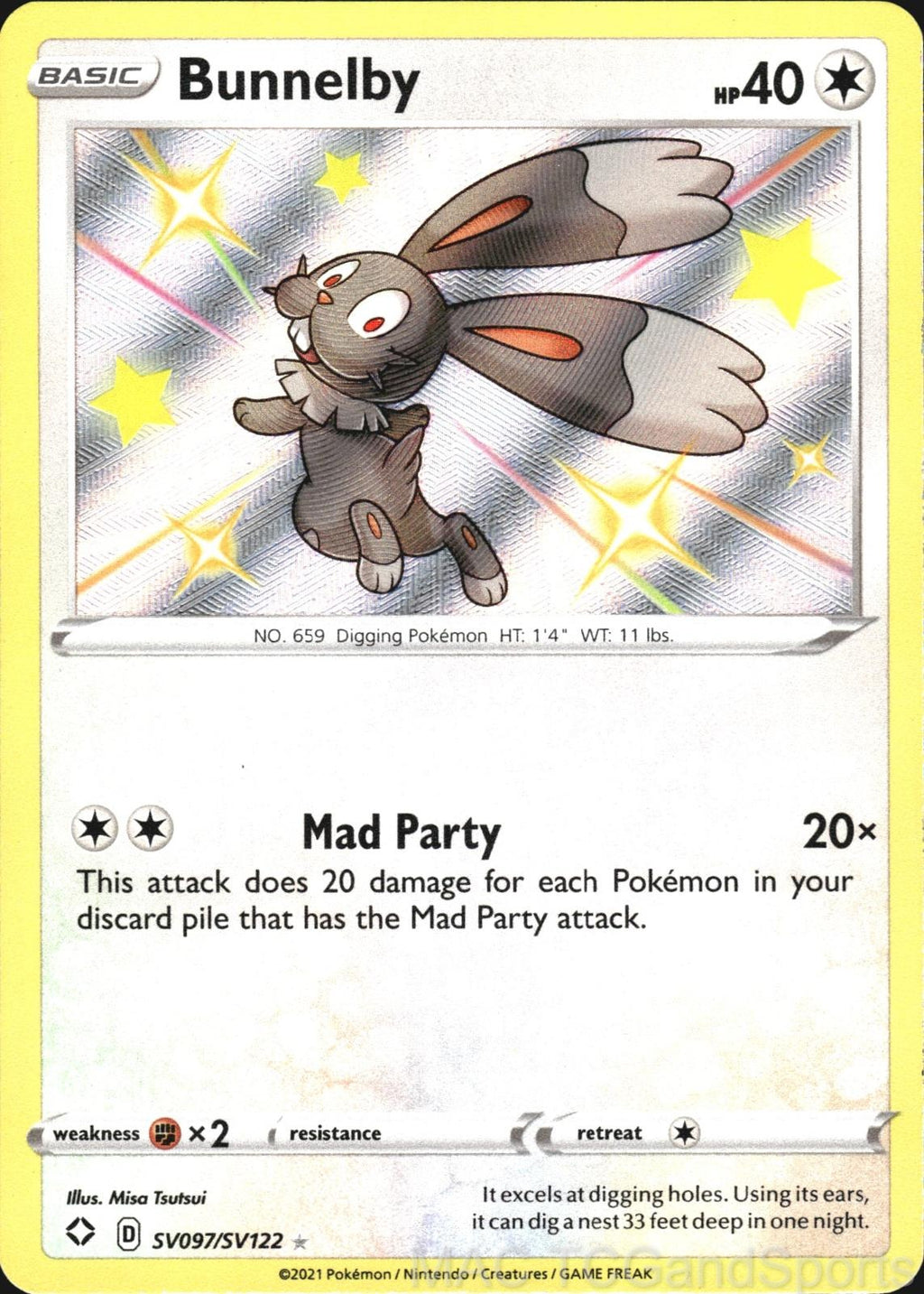 Bunnelby SV097/SV122 Holo Shining Fates Shiny Vault Pokemon TCG NM