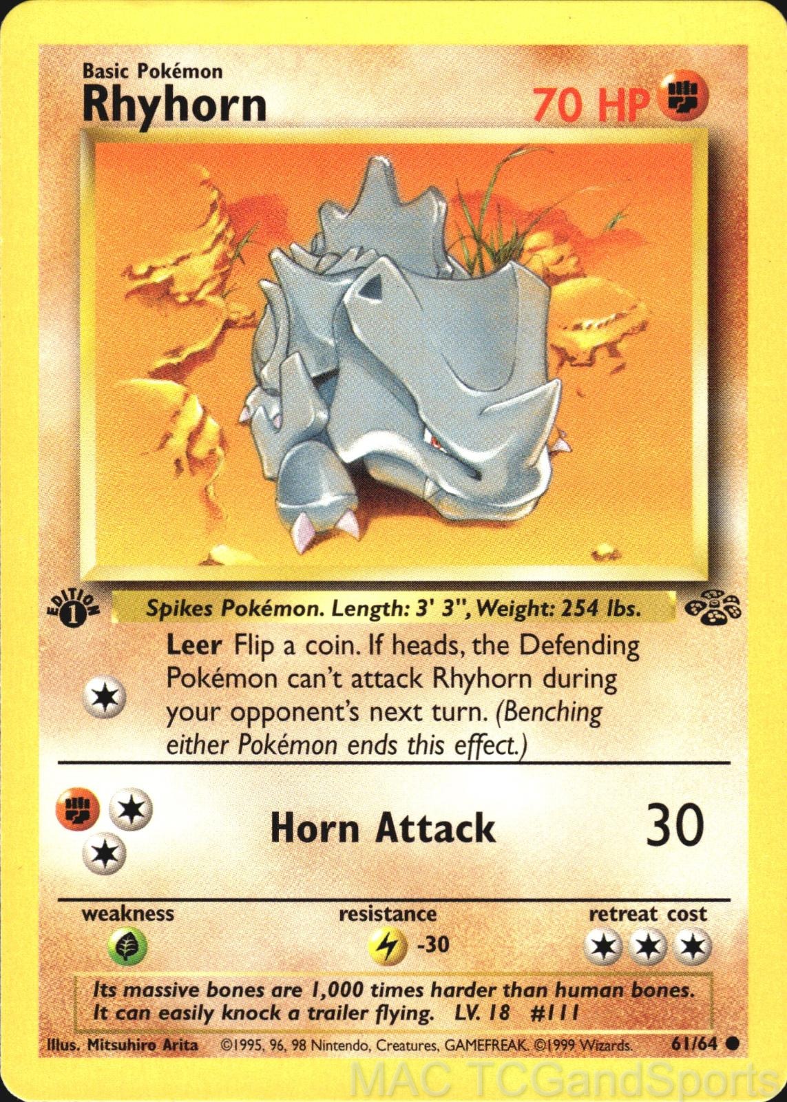 Rhyhorn 61/64 1st Edition Jungle Pokemon TCG LP