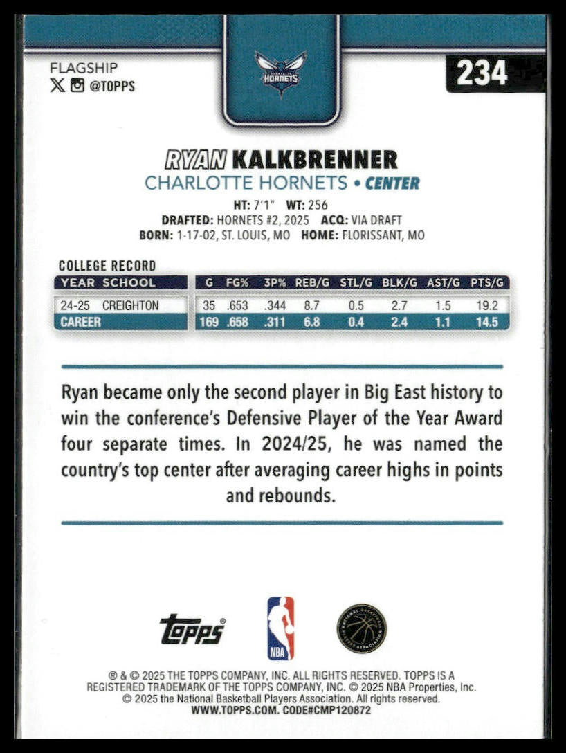 2025-26 Topps #234 Ryan Kalkbrenner