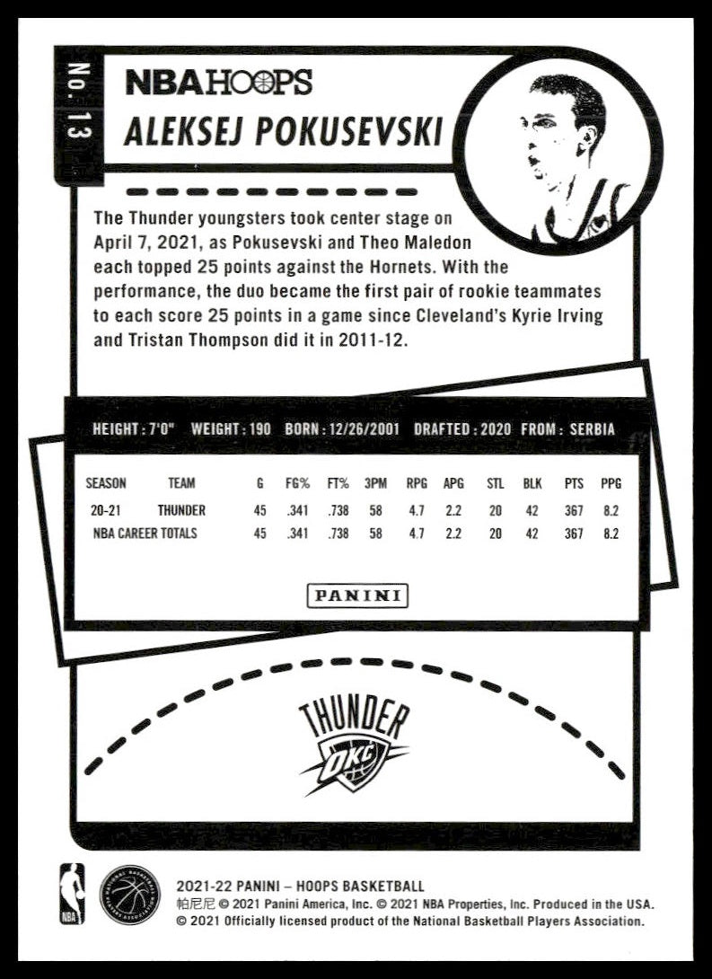 Aleksej Pokusevski #13 2021-22 Hoops Oklahoma City Thunder