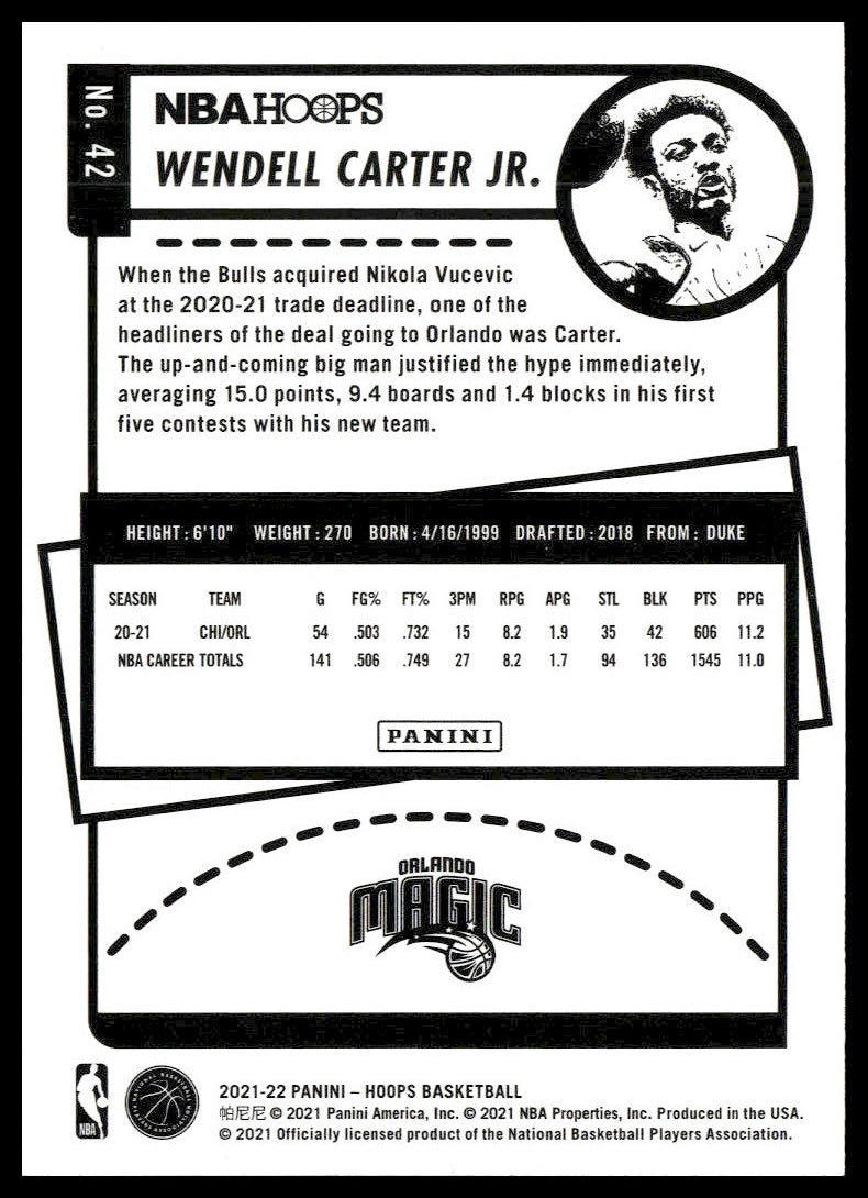 Wendell Carter Jr. #42 2021-22 Hoops Orlando Magic