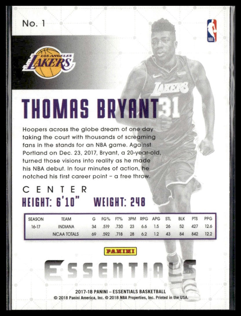 Thomas Bryant #1 2017-18 Panini Essentials Los Angeles Lakers RC