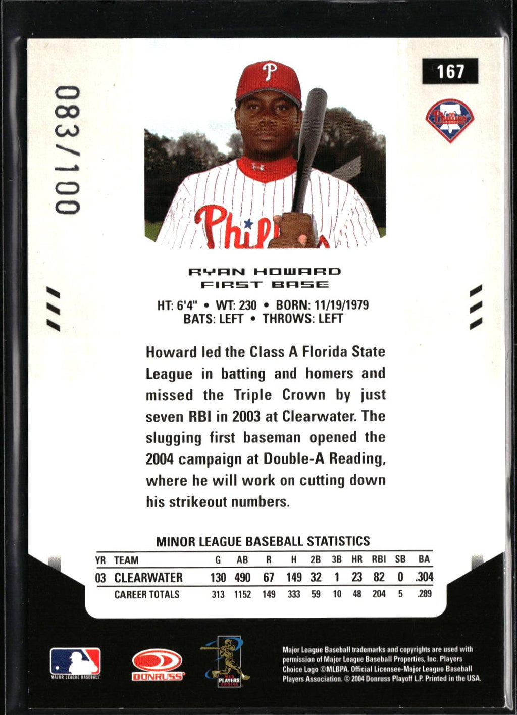Ryan Howard #167 Mirror White 2004 Leaf Certified Materials #/100 Phillies