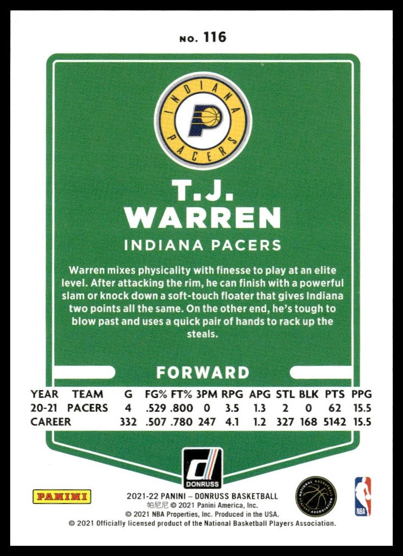 T.J. Warren #116 2021-22 Donruss Indiana Pacers