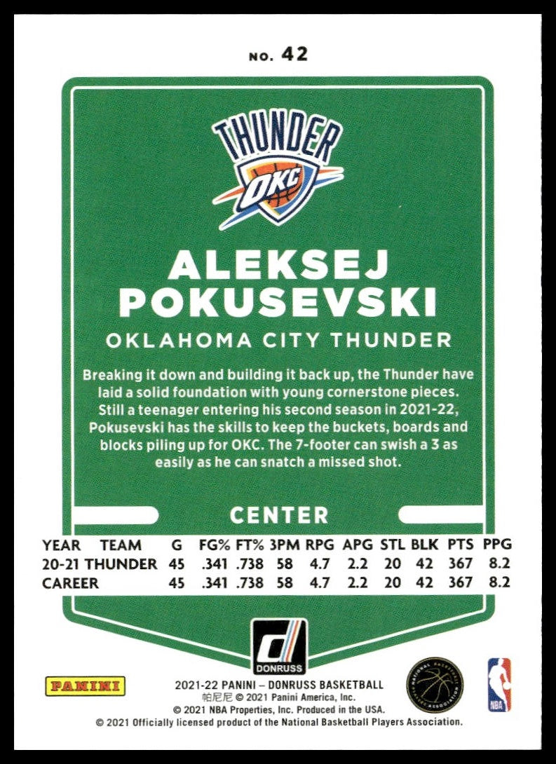 Aleksej Pokusevski #42 2021-22 Donruss Oklahoma City Thunder