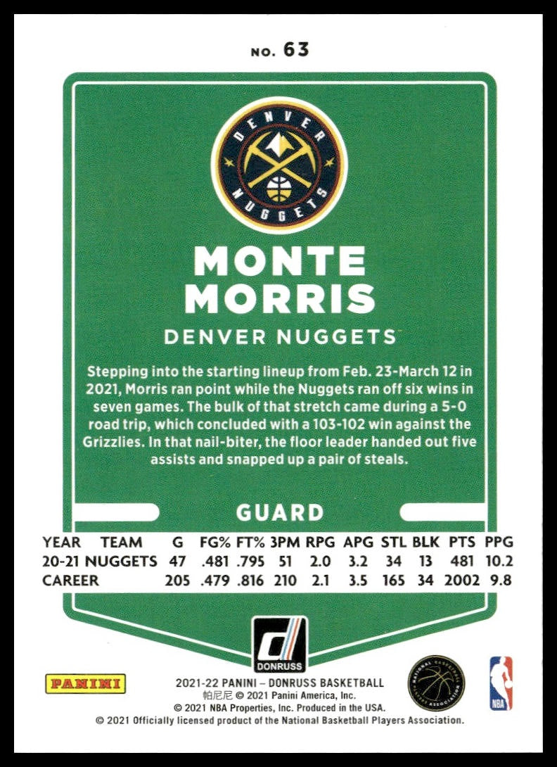 Monte Morris #63 2021-22 Donruss Denver Nuggets