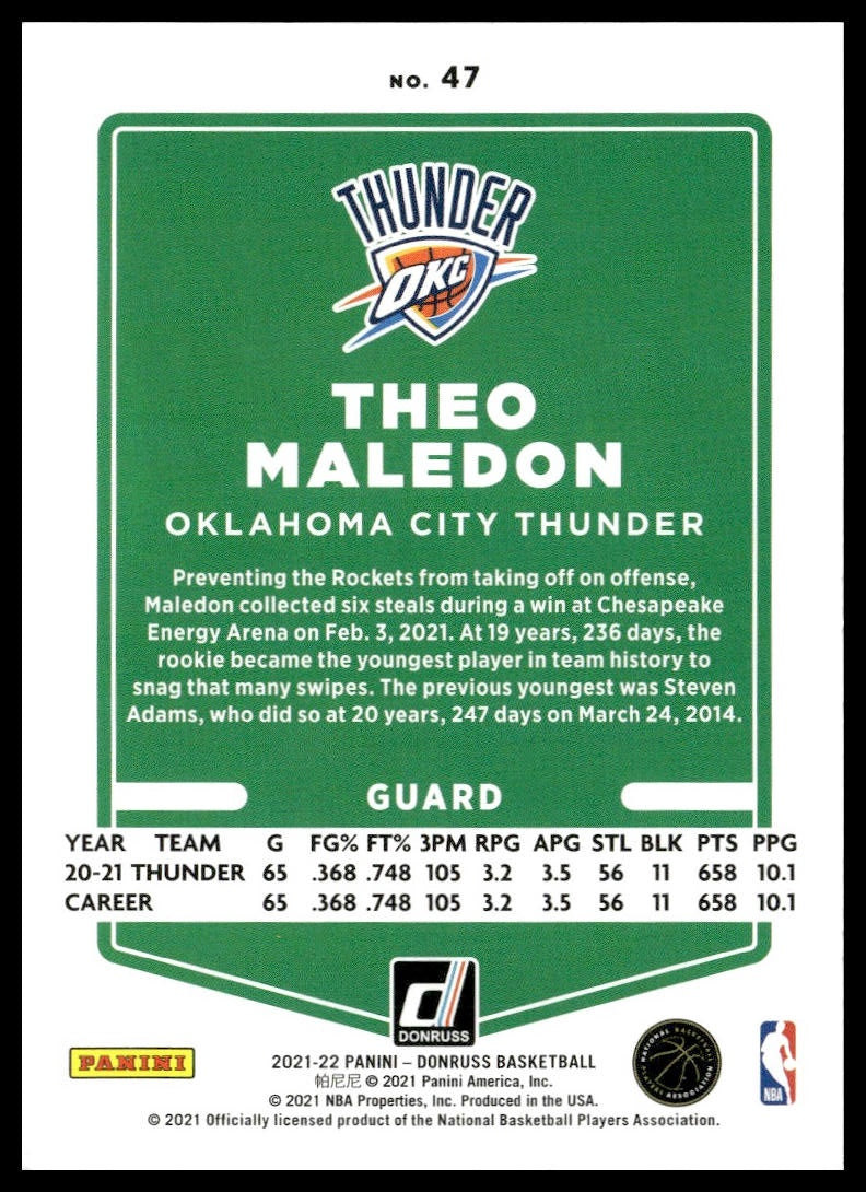 Theo Maledon #47 2021-22 Donruss Oklahoma City Thunder