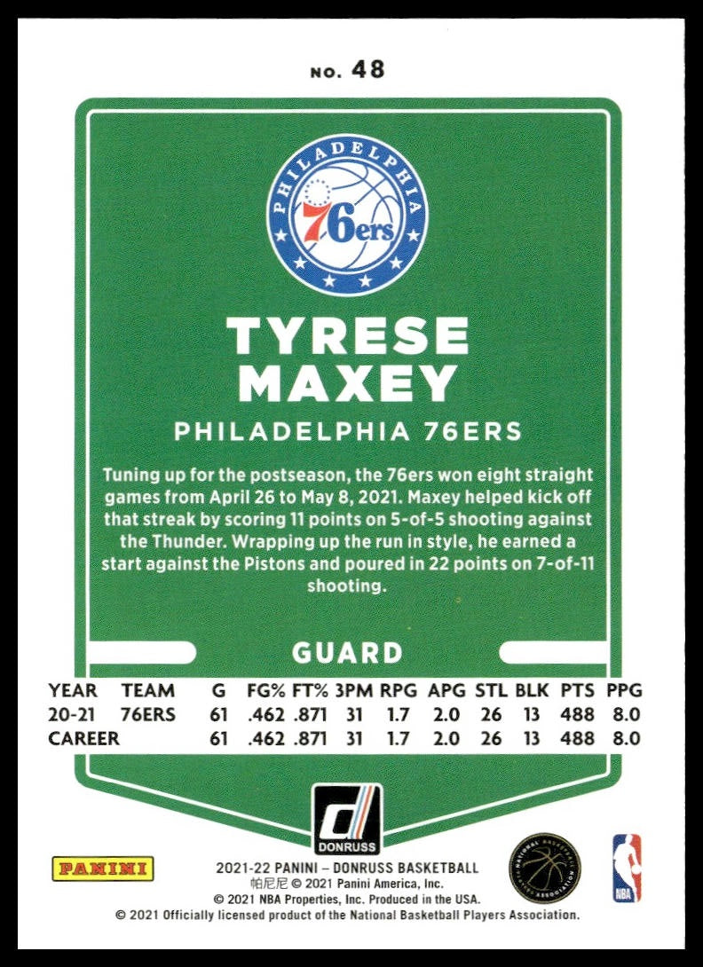Tyrese Maxey #48 2021-22 Donruss Philadelphia 76ers