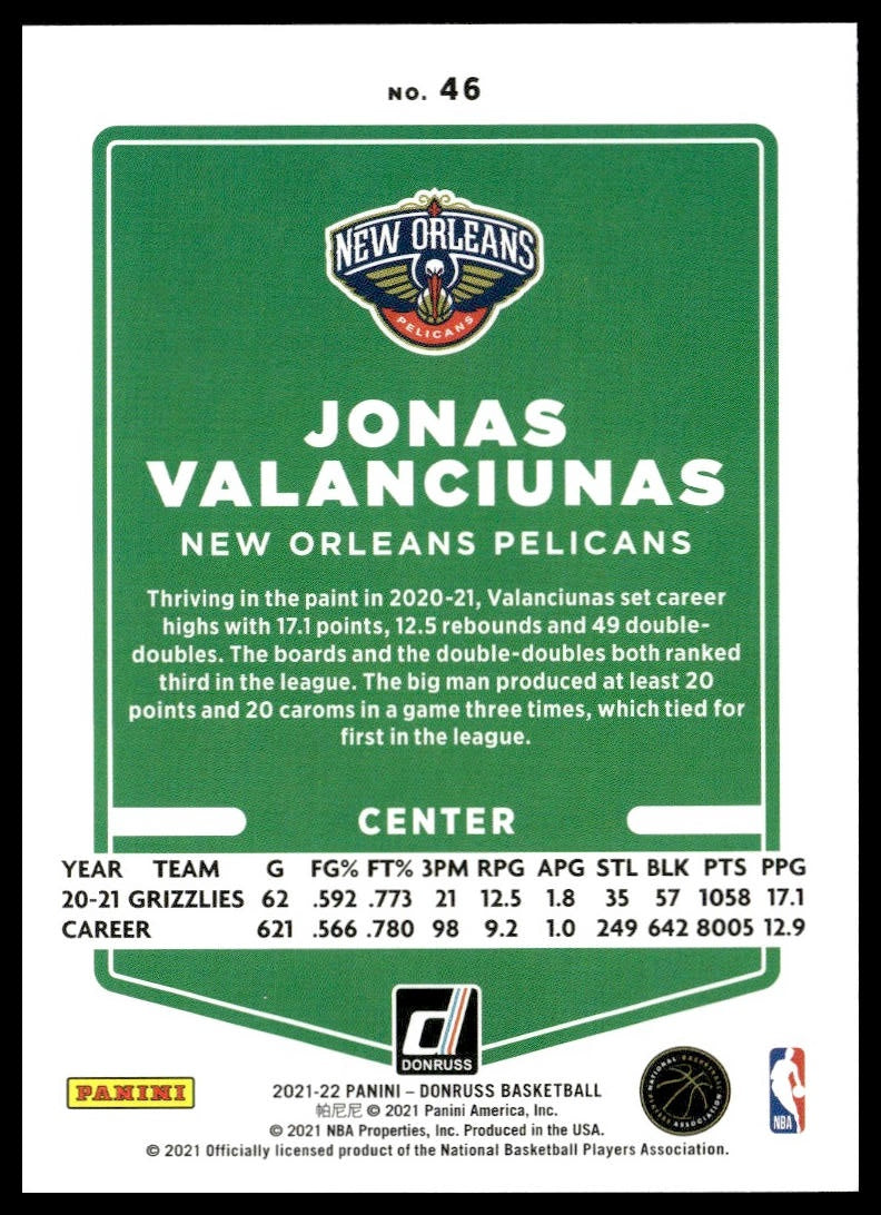 Jonas Valanciunas #46 2021-22 Donruss New Orleans Pelicans