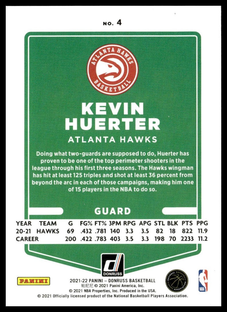 Kevin Huerter #4 2021-22 Donruss Atlanta Hawks