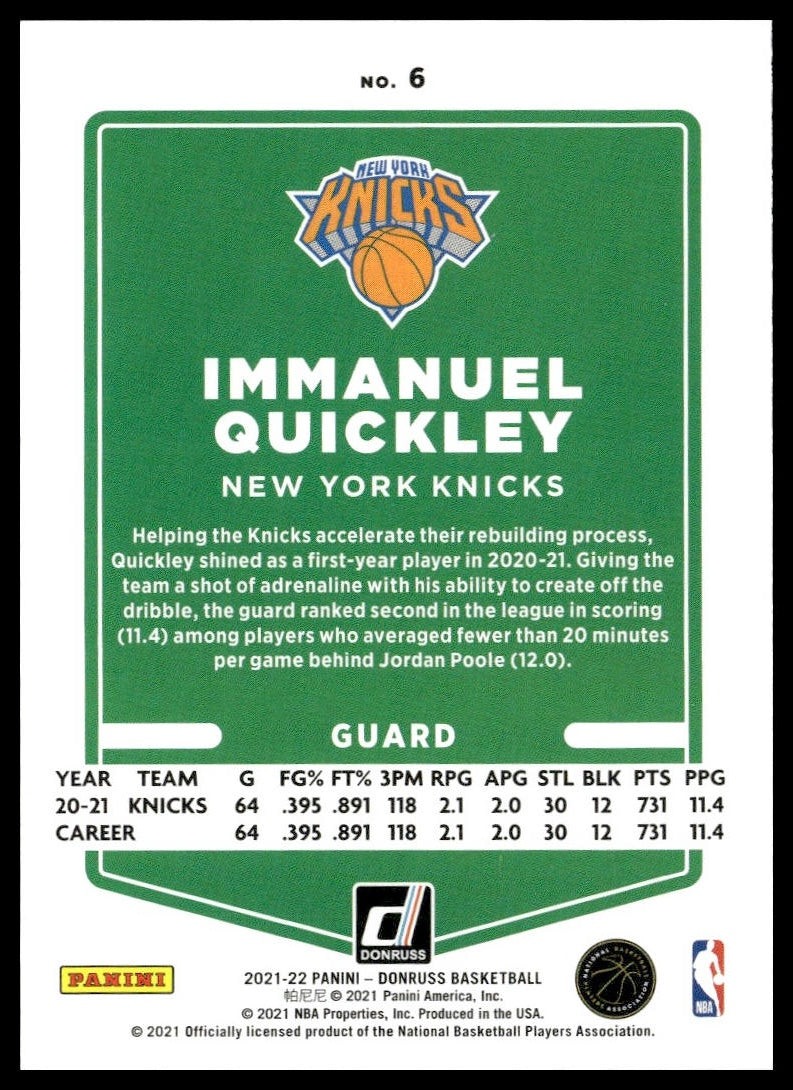 Immanuel Quickley #6 2021-22 Donruss New York Knicks