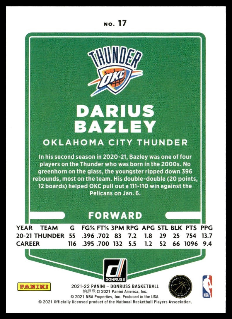 Darius Bazley #17 2021-22 Donruss Oklahoma City Thunder