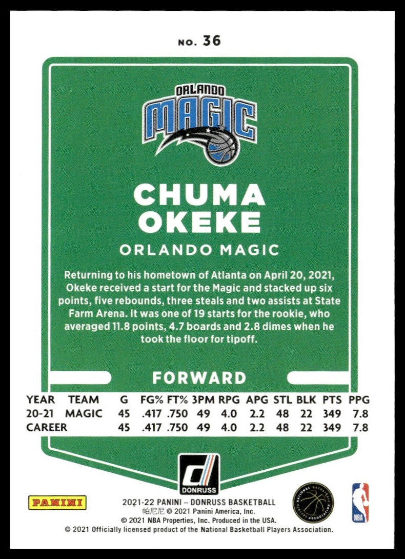 Chuma Okeke #36 2021-22 Donruss Orlando Magic