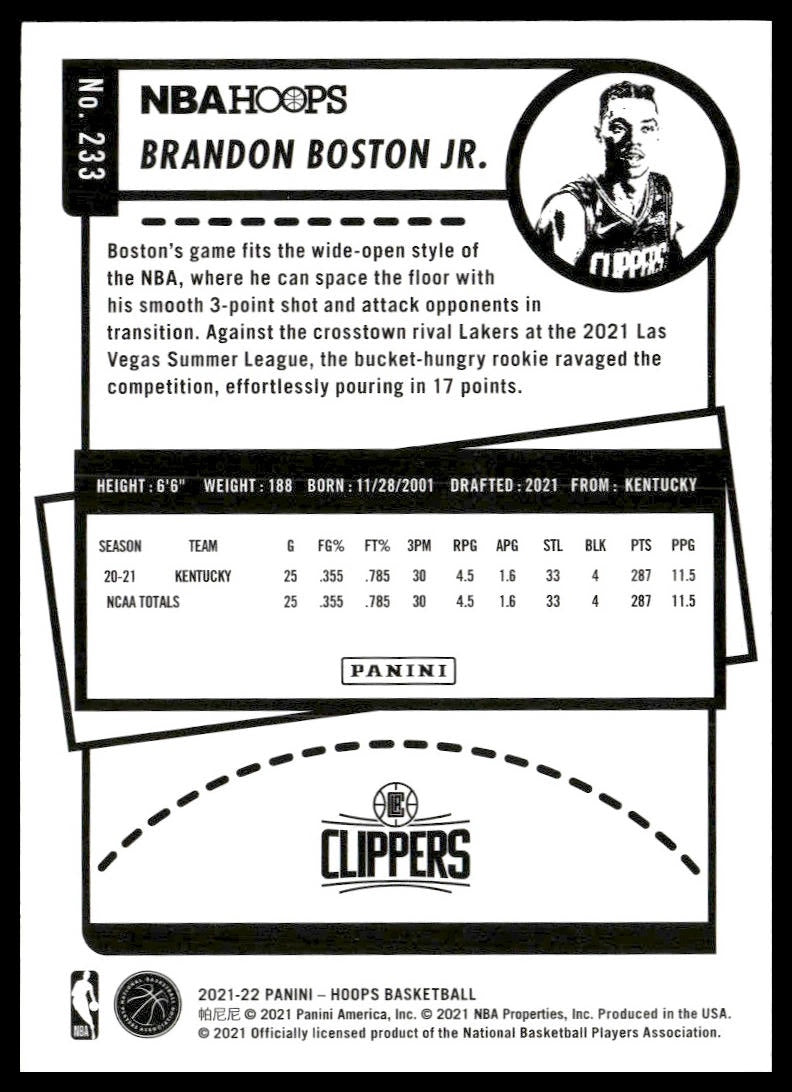 Brandon Boston Jr. #233 2021-22 Hoops Los Angeles Clippers RC