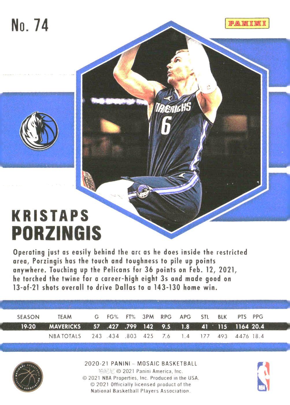 Kristaps Porzingis #74 2020-21 Panini Mosaic Dallas Mavericks