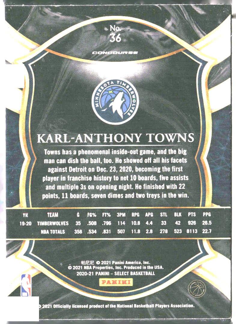 Karl-Anthony Towns #36 Blue 2020-21 Panini Select Minnesota Timberwolves