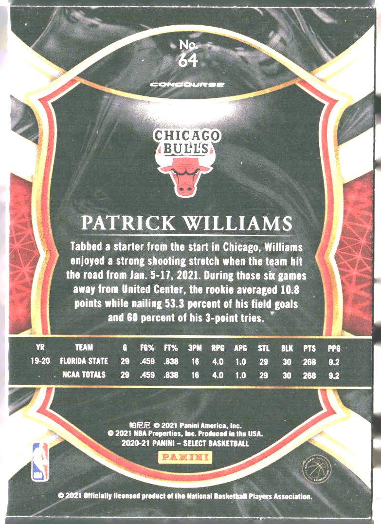 Patrick Williams #64 Blue 2020-21 Panini Select Chicago Bulls RC