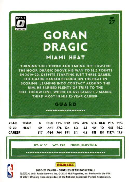 Goran Dragic #27 2020-21 Donruss Optic Miami Heat