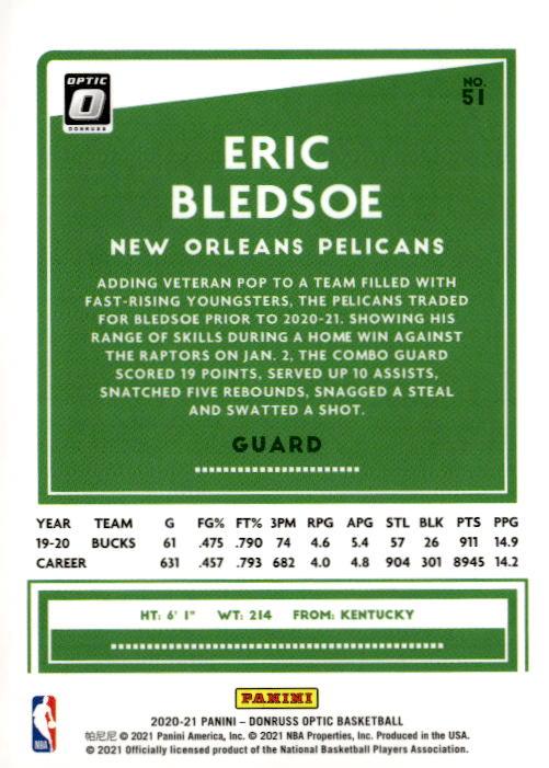 Eric Bledsoe #51 2020-21 Donruss Optic New Orleans Pelicans