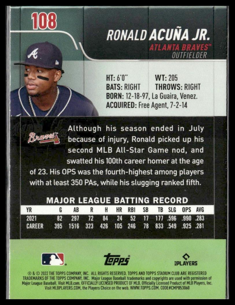 Ronald Acuna Jr. #108 2022 Stadium Club Atlanta Braves