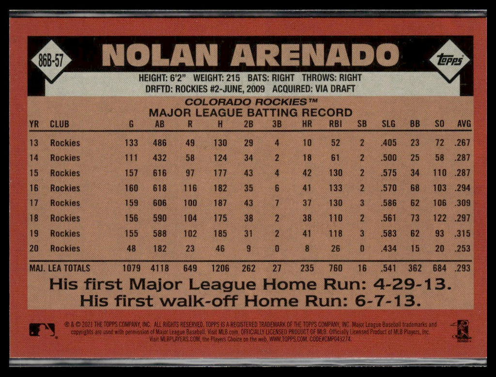 Nolan Arenado #86B-57 1986 Topps 35th Anniversary 2021 Topps Rockies