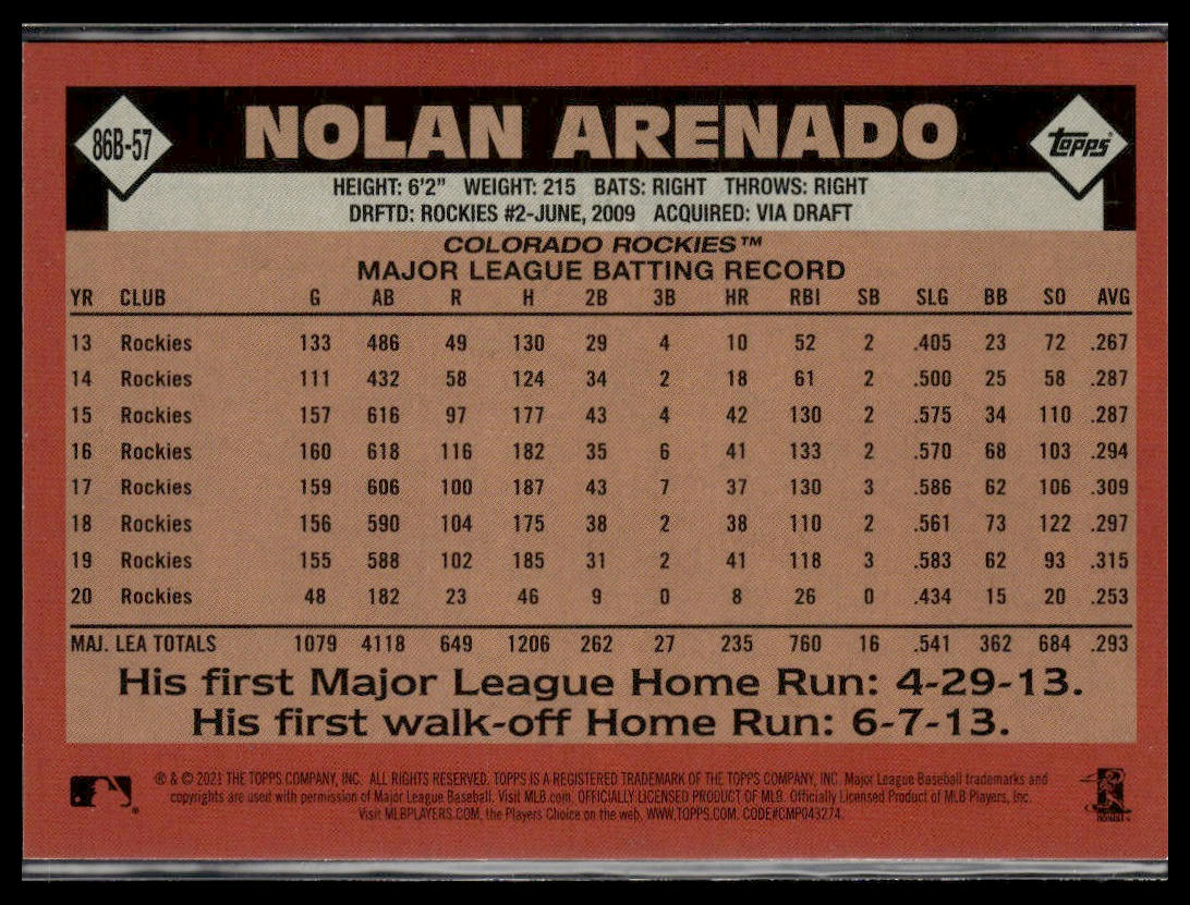 Nolan Arenado #86B-57 1986 Topps 35th Anniversary 2021 Topps Rockies