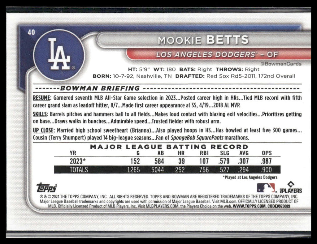 Mookie Betts #40 2024 Bowman Los Angeles Dodgers