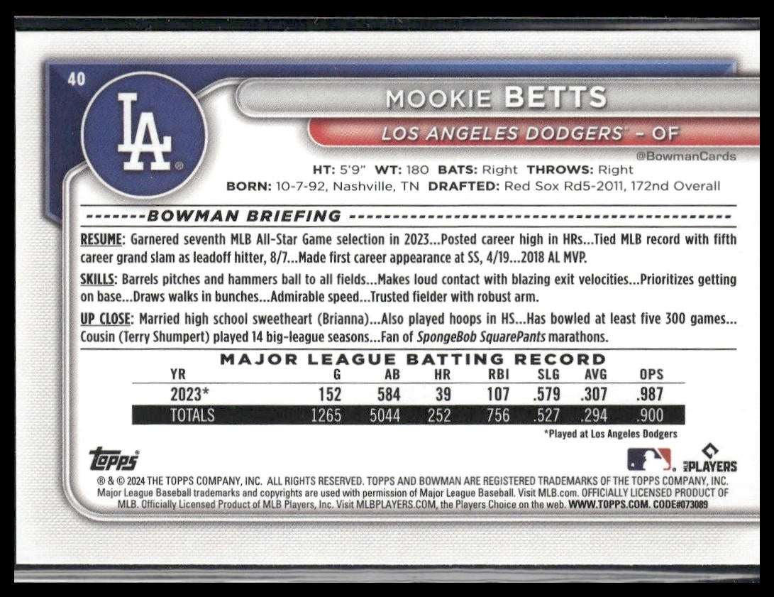 Mookie Betts #40 2024 Bowman Los Angeles Dodgers