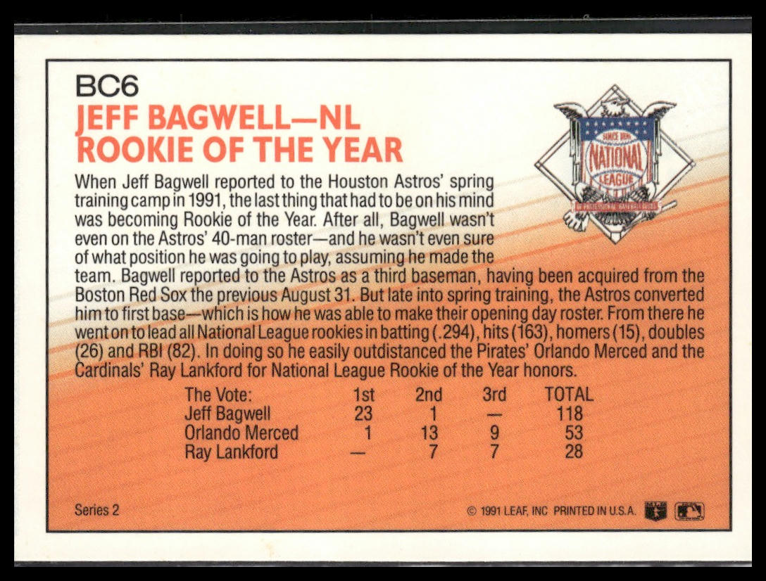 Jeff Bagwell #BC6 Bonus Cards 1992 Donruss Houston Astros