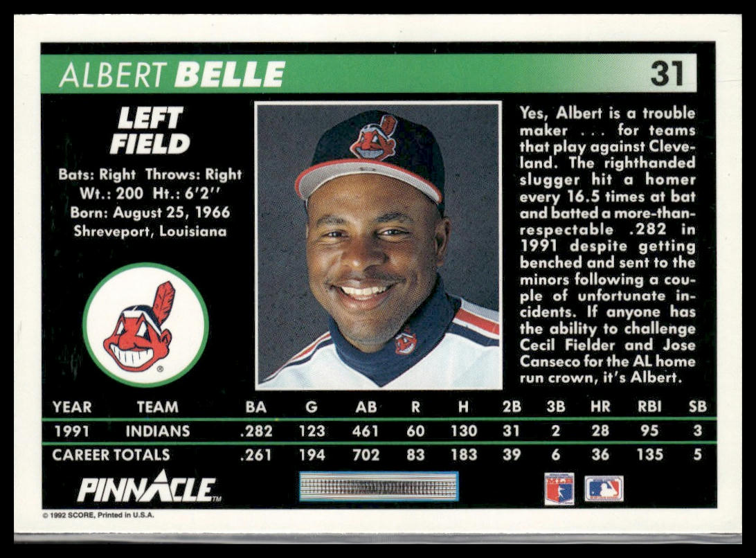 Albert Belle #31 1992 Pinnacle Cleveland Indians