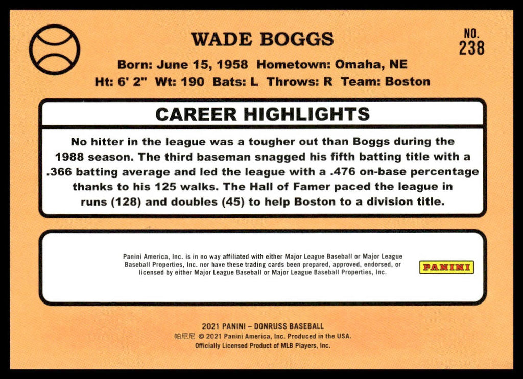 Wade Boggs #238 Liberty 2021 Donruss Boston Red Sox
