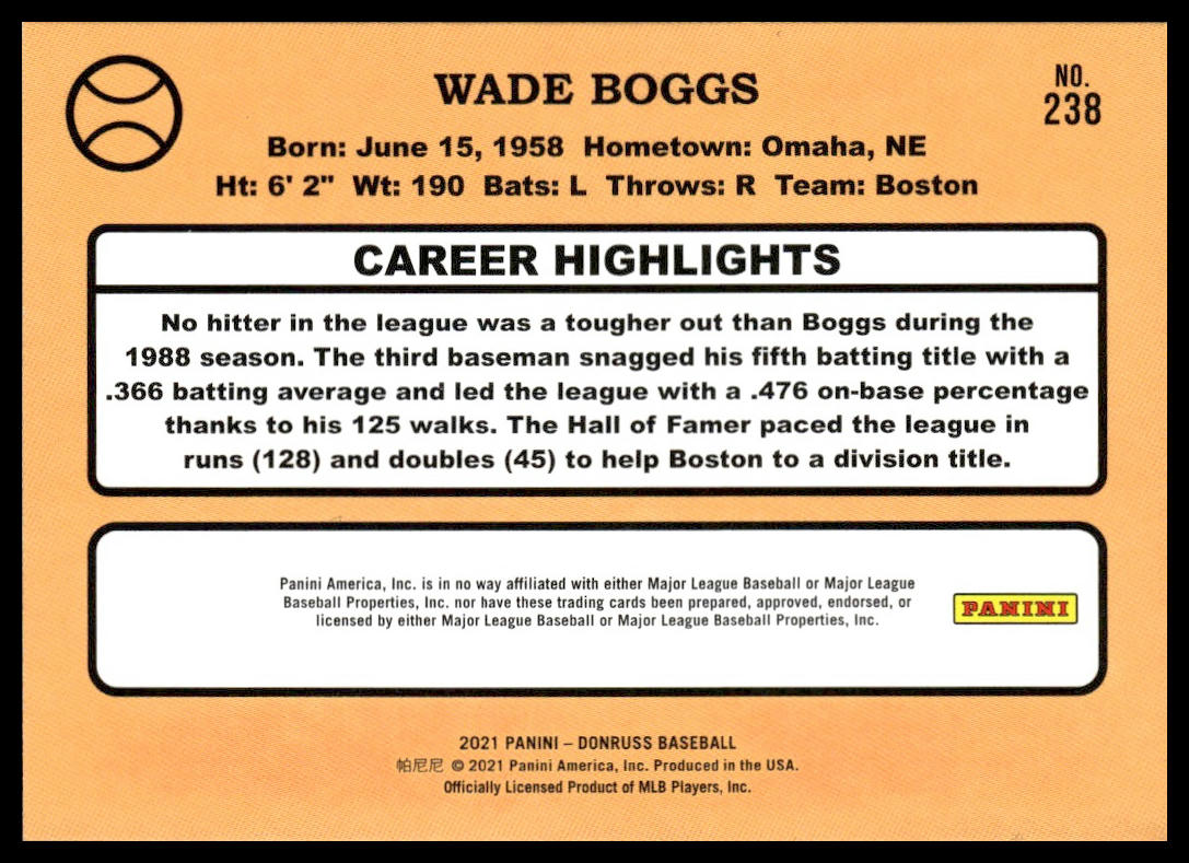 Wade Boggs #238 Liberty 2021 Donruss Boston Red Sox