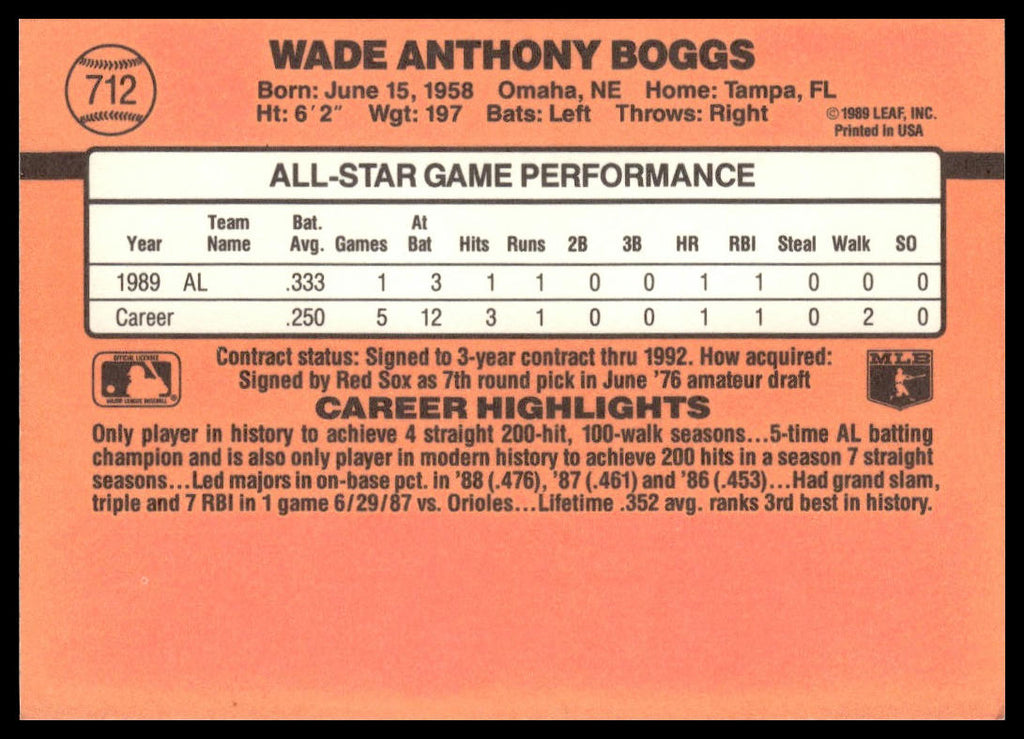 Wade Boggs #712 1990 Donruss Boston Red Sox