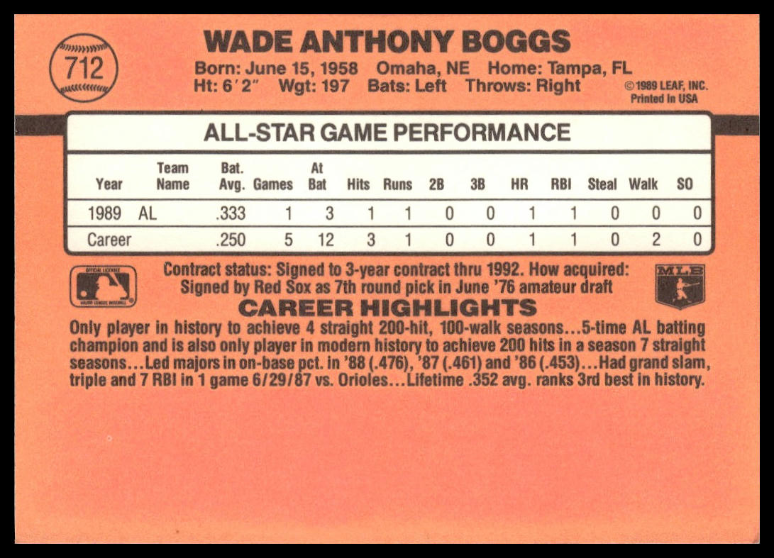 Wade Boggs #712 1990 Donruss Boston Red Sox