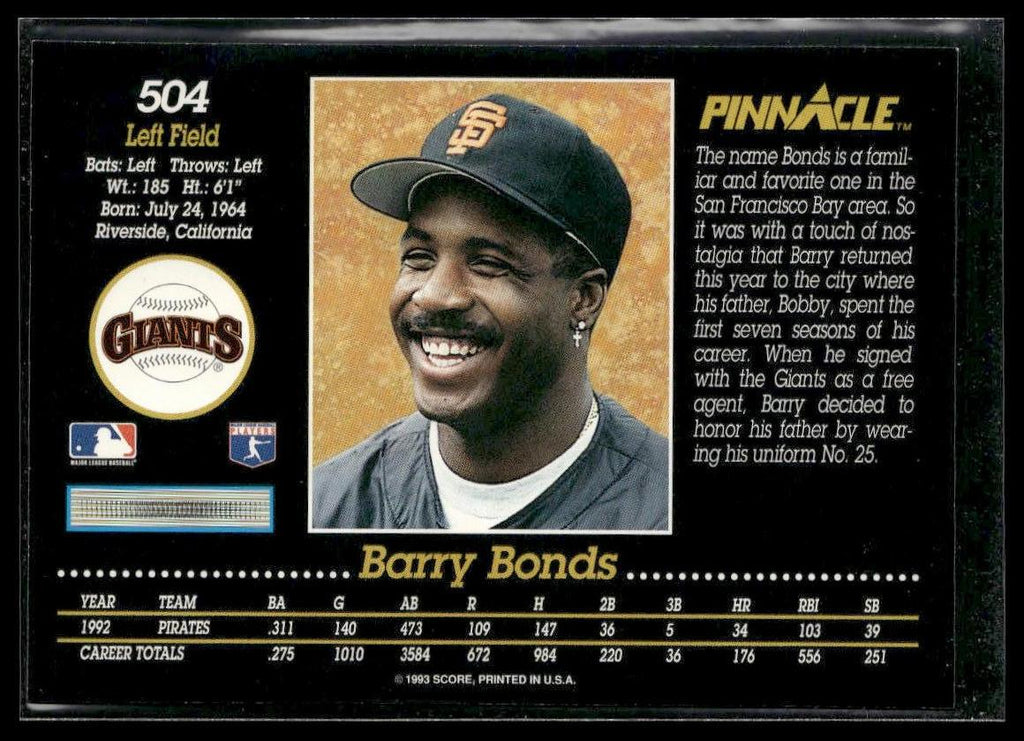 Barry Bonds #504 1993 Pinnacle San Francisco Giants