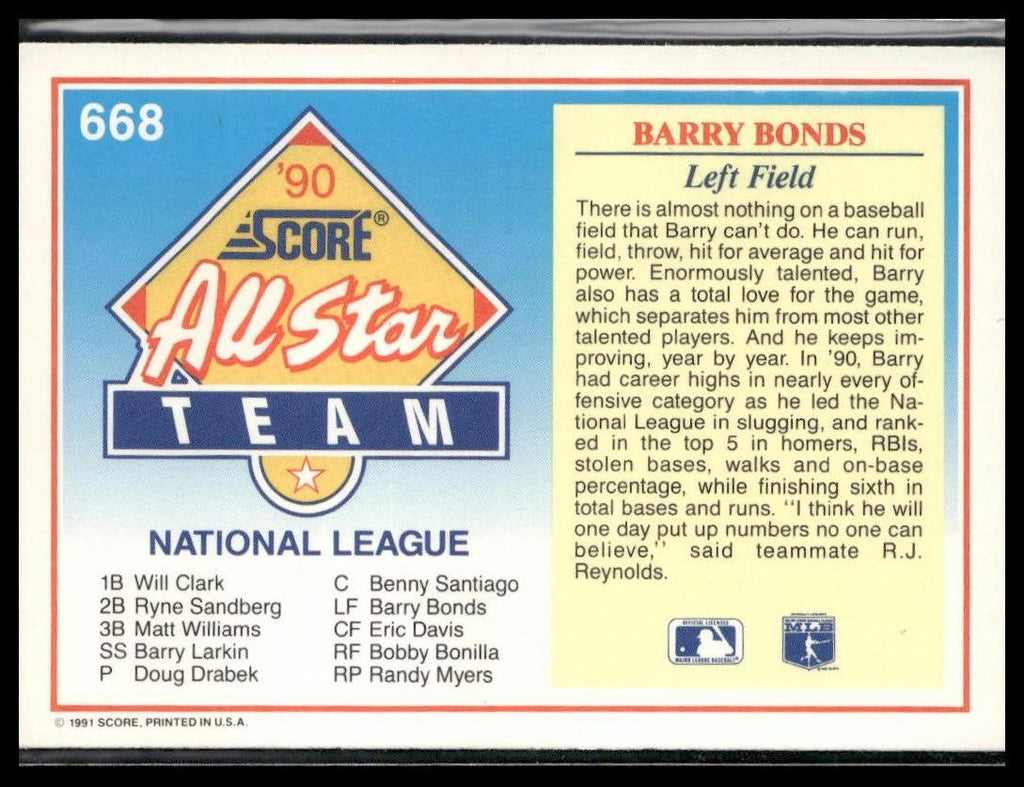 Barry Bonds #668 1991 Score Pittsburgh Pirates