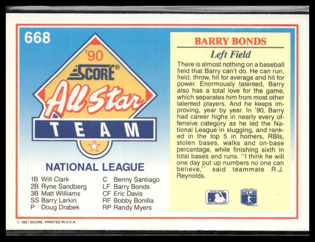Barry Bonds #668 1991 Score Pittsburgh Pirates
