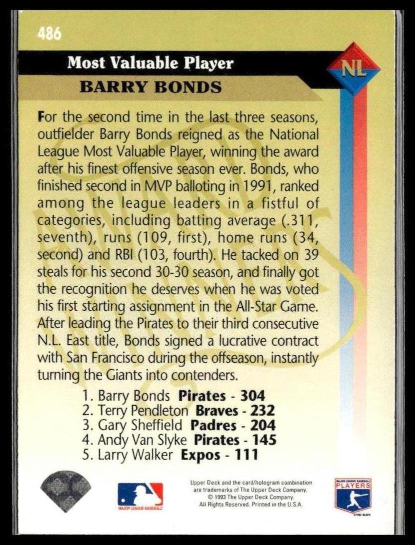Barry Bonds #486 Gold Hologram 1993 Upper Deck San Francisco Giants