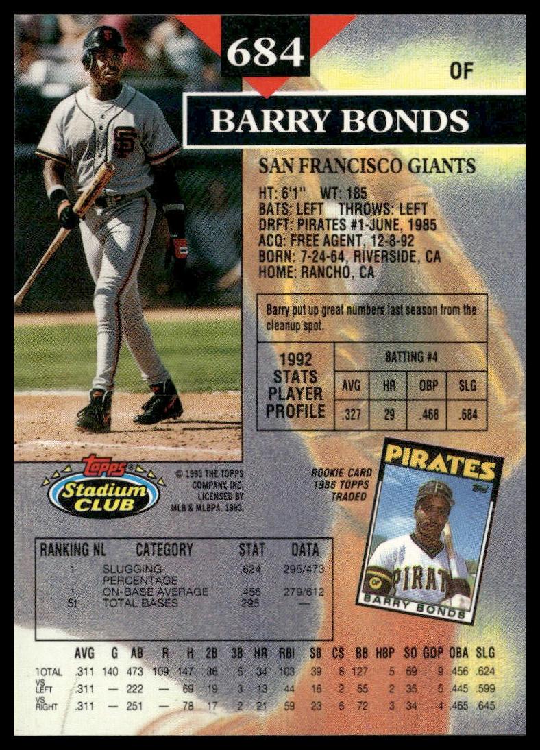 Barry Bonds #684 1993 Stadium Club San Francisco Giants