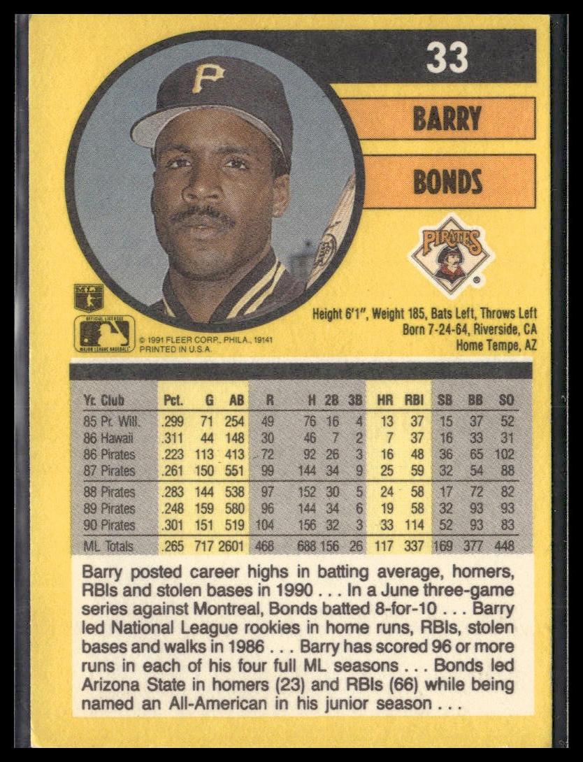 Barry Bonds #33 1991 Fleer Pittsburgh Pirates