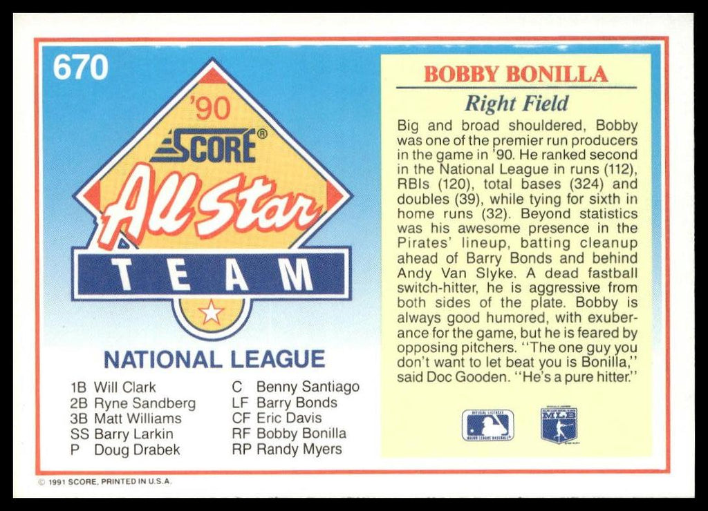 Bobby Bonilla #670 1991 Score Pittsburgh Pirates