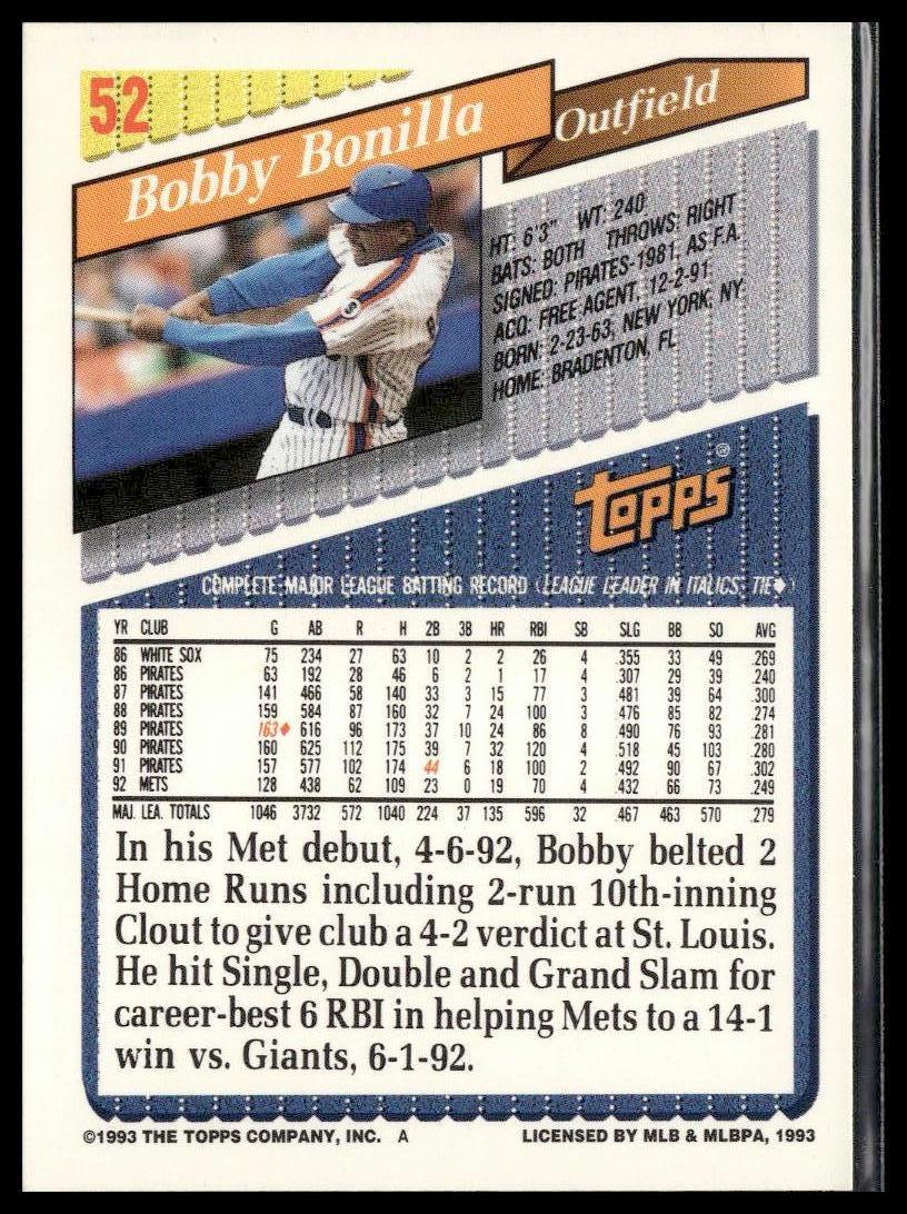 Bobby Bonilla #52 Gold 1993 Topps New York Mets