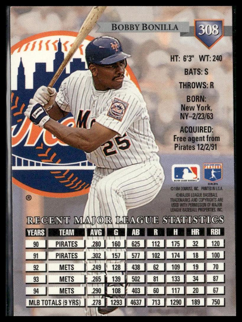 Bobby Bonilla #308 1995 Donruss New York Mets