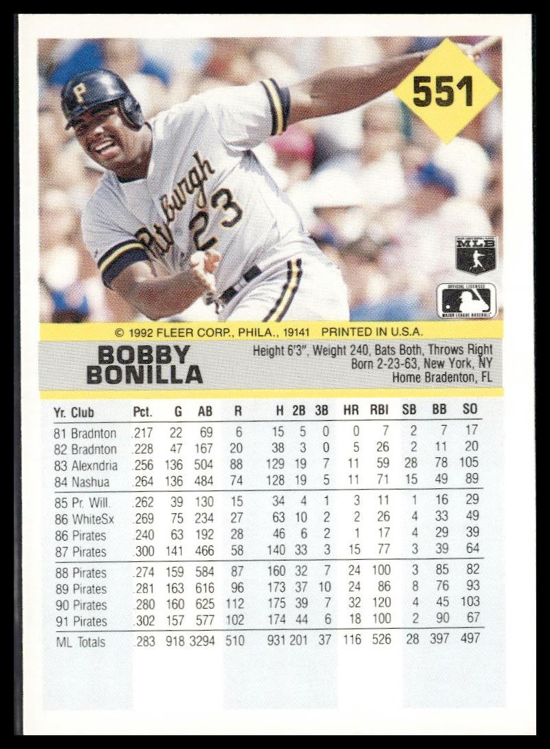 Bobby Bonilla #551 1992 Fleer Pittsburgh Pirates