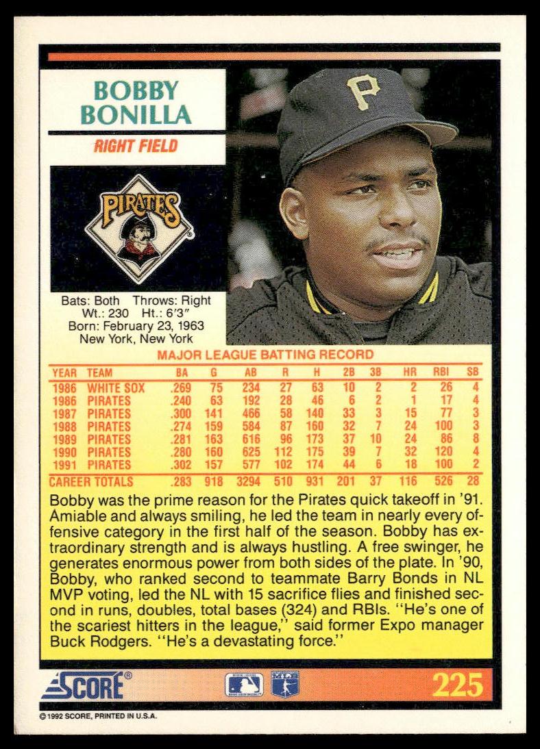 Bobby Bonilla #225 1992 Score Pittsburgh Pirates