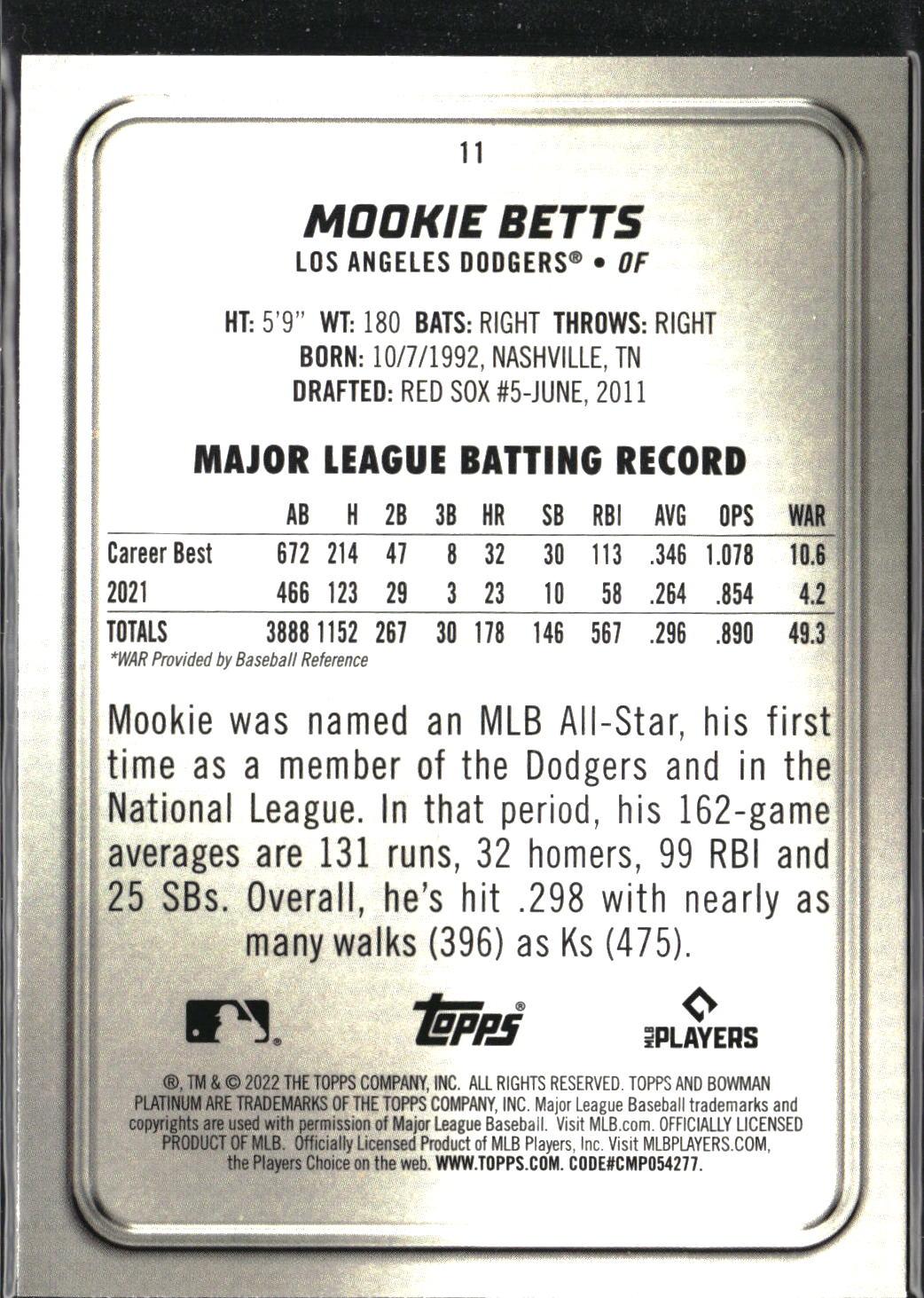 Mookie Betts #11 Blue 2022 Bowman Platinum #/150 Los Angeles Dodgers