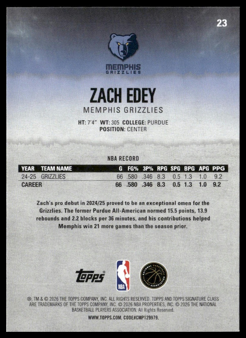 Zach Edey #23 2025-26 Topps Signature Class Memphis Grizzlies