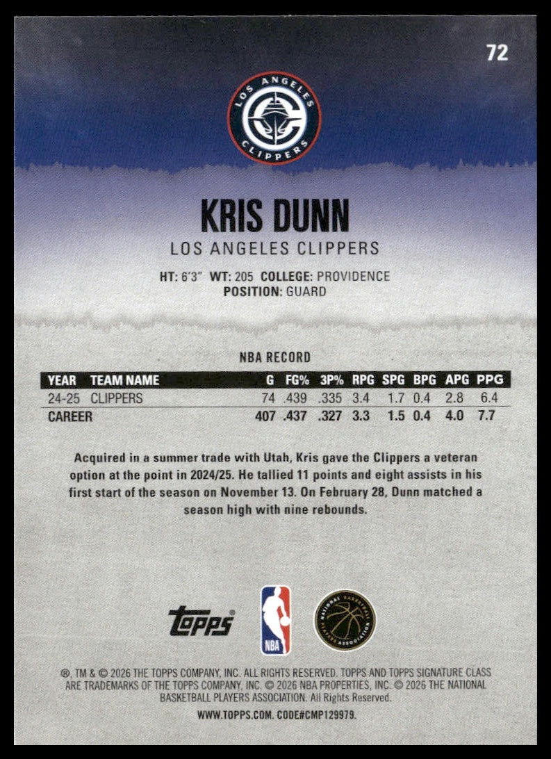 Kris Dunn #72 2025-26 Topps Signature Class Los Angeles Clippers